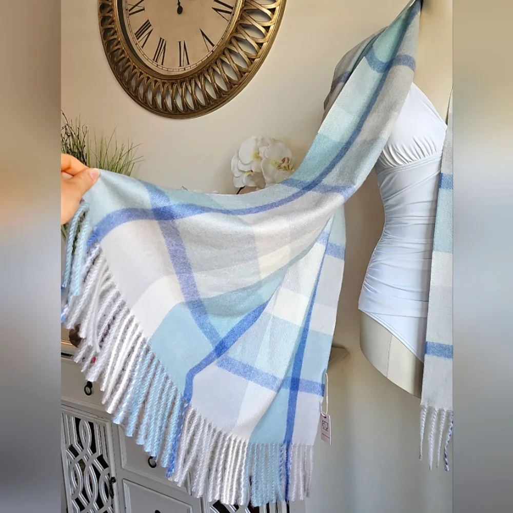 Pretty Pursuasians Scarf Pale Blue White Gray Fringe Scarf Wrap